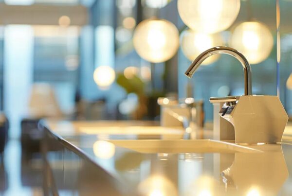 a pristine, modern office environment showcases gleaming surfaces and organized workstations, emphasizing the transformative effects of professional commercial cleaning services for a healthier workplace.