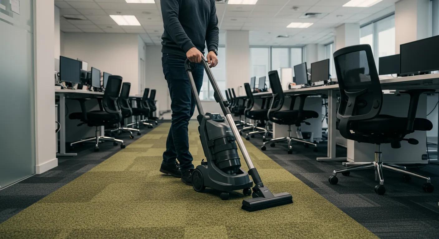 a bustling office environment showcases a meticulous employee using a high-tech vacuum cleaner on a vibrant carpet, highlighting the essential balance of daily maintenance and professional cleaning for optimal carpet care.