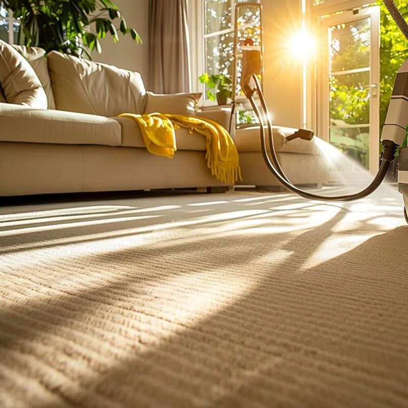 Freshly cleaned carpet in a bright living room, highlighting the benefits of professional carpet cleaning services