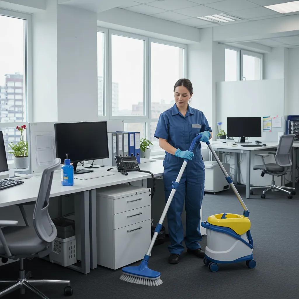 Clean office space with a janitor using modern cleaning equipment, emphasizing janitorial services