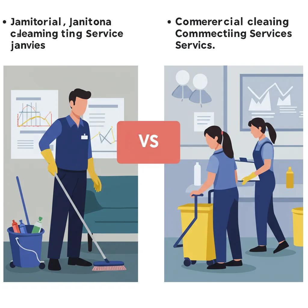 Comparison of janitorial and commercial cleaning services, illustrating key differences in tasks and environments